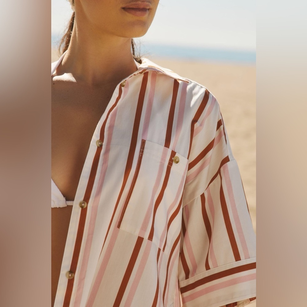Anthropologie Boxy Buttondown Shirt Striped Coverup & Short Coord Set NWT - Picture 4 of 7